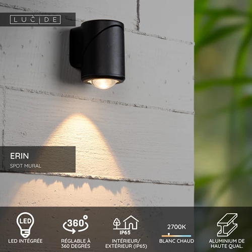 Lucide ERIN - Spot mural / Applique mural Intérieur/Extérieur - LED - 1x5W 2700K - IP65 - Noir - USP